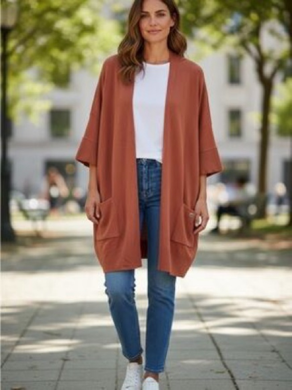 MarlaWynne Open-Front Rust Orange Knit Shrug